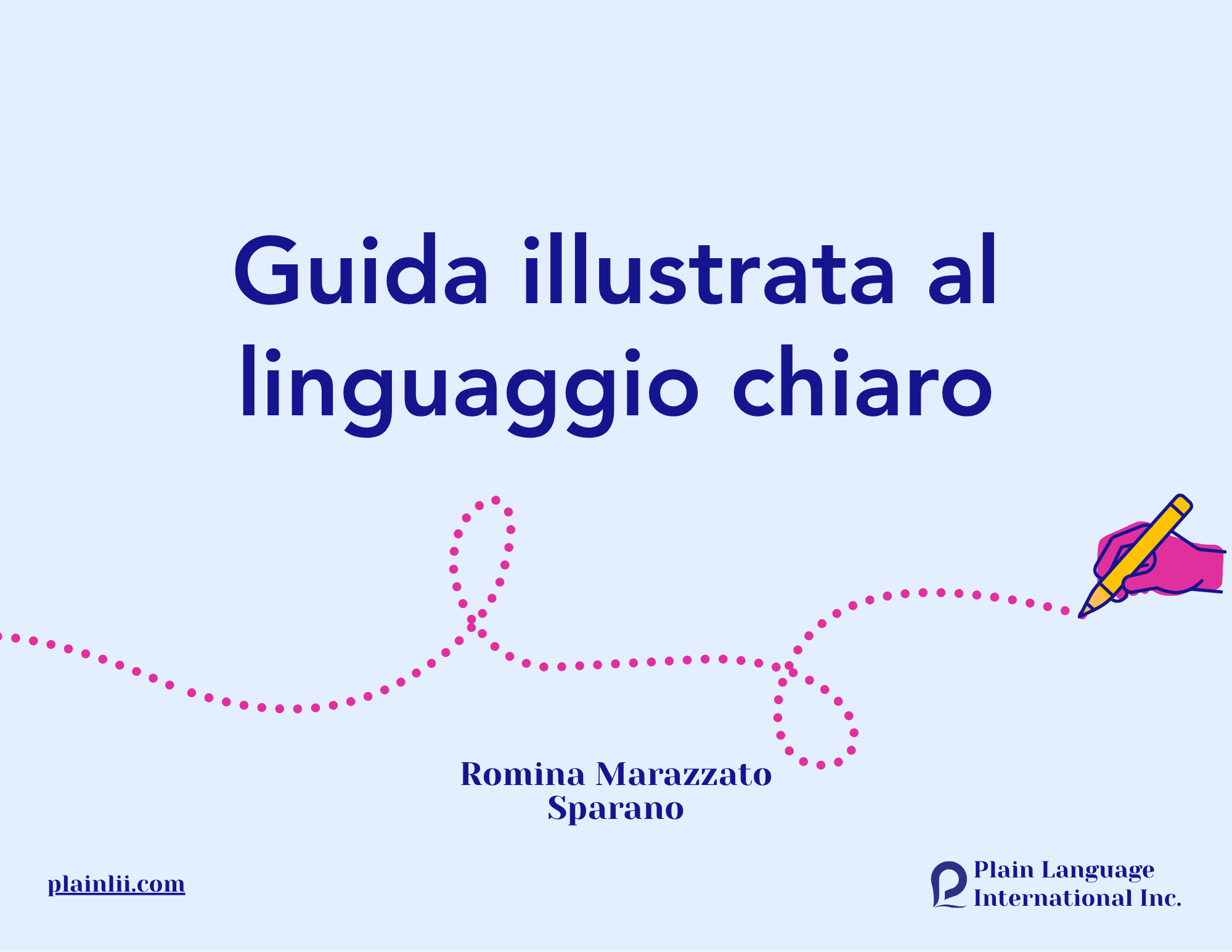 Copertina della Guida illustrata al linguaggio chiaro, con una mano che disegna una linea tratteggiata. Romina Marazzato Sparano. Plain Language International Inc.