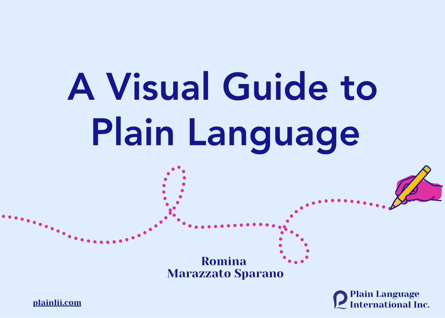 Cover to Visual Plain Language Guide with a hand drawing a dotted line. Romina Marazzato Sparano. Plain Language International Inc.