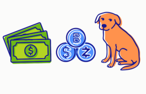 Illustration of green dollar bills, blue cryptocurrency coins, and an orange dog sitting side by side questining who is "dogfooding" or using a product internally before release.