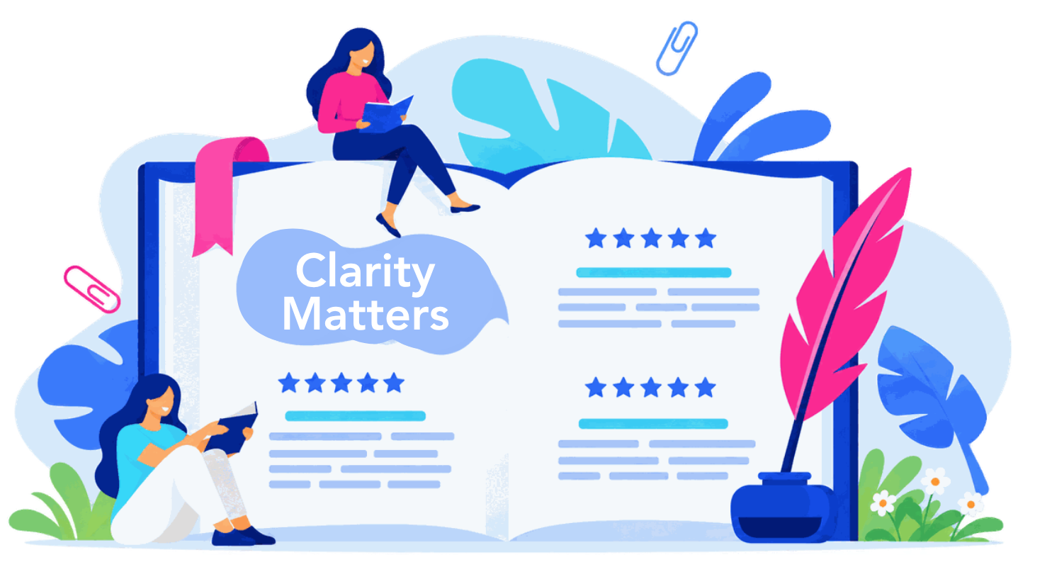 An open book titled Clarity Matters, with people reading around it