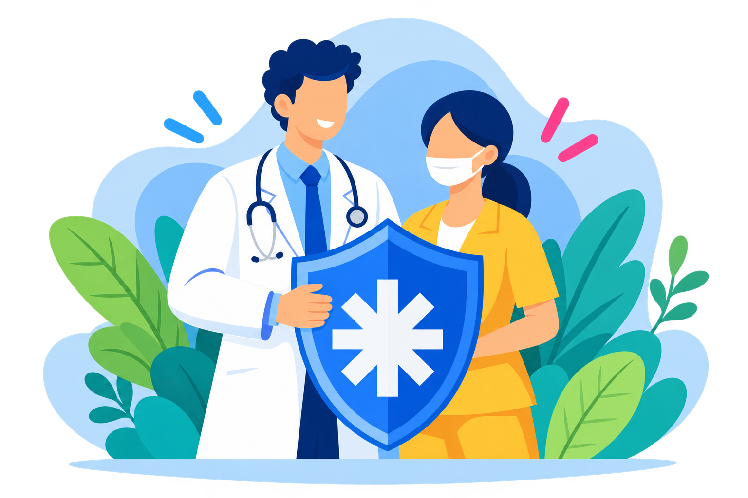 A doctor and a patient holding a shield with a medical symbol