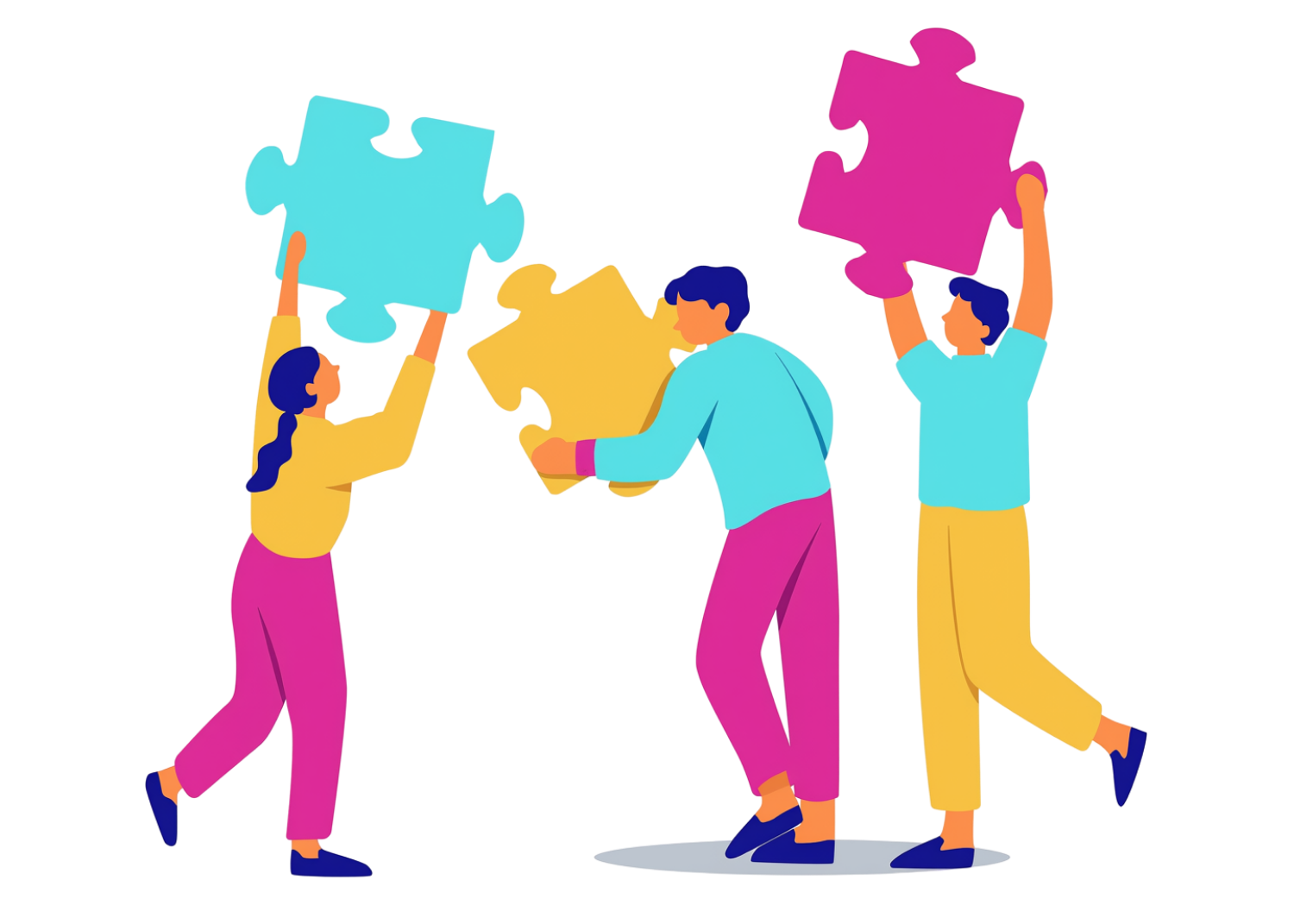 Three people fitting puzzle pieces together