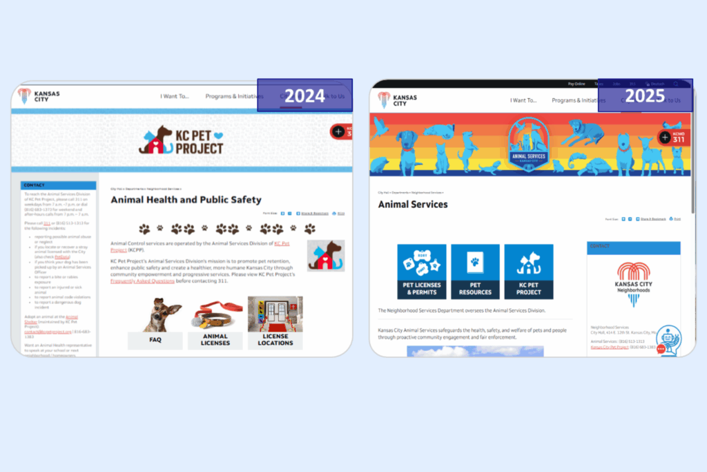 Left: 2024 Animal Services page with basic formatting and minimal graphics. Right: 2025 redesigned page featuring colorful animal illustrations, clear headings, and modern navigation tiles