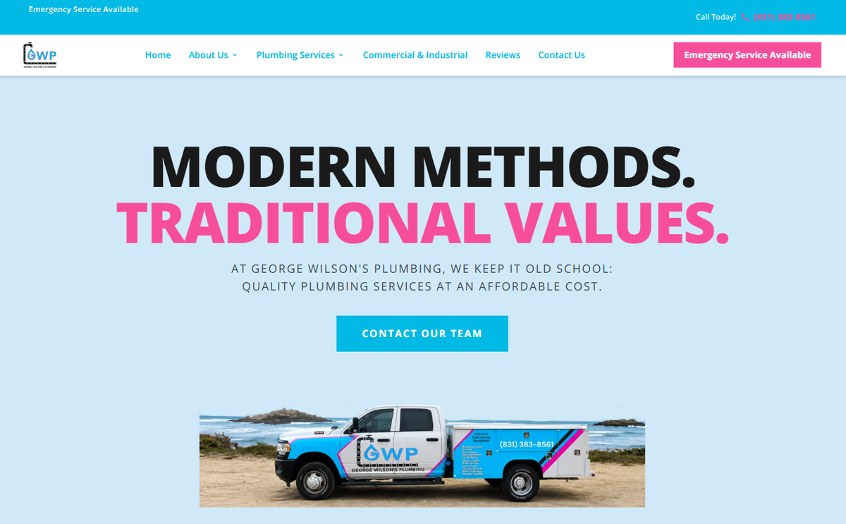 Home page of the George Wilson's Plumbing website, with the headline Modern Methods. Traditional Values.