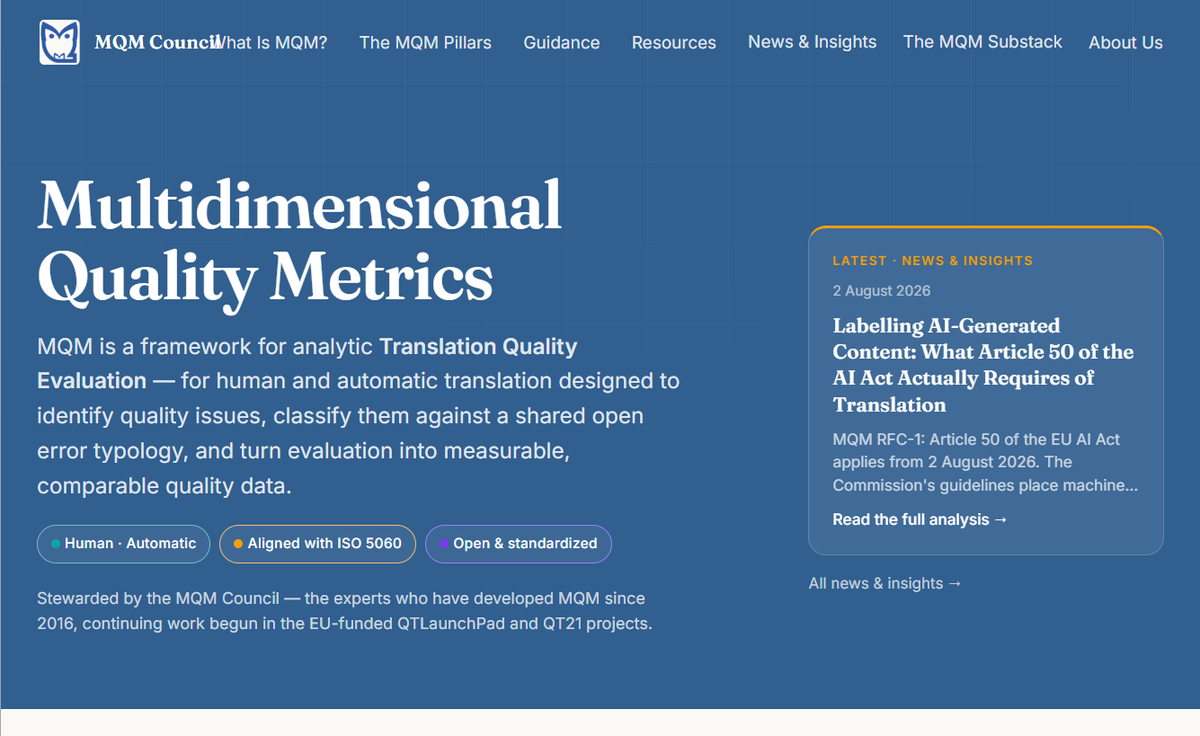 Home page of the MQM Council website, introducing Multidimensional Quality Metrics for translation quality evaluation
