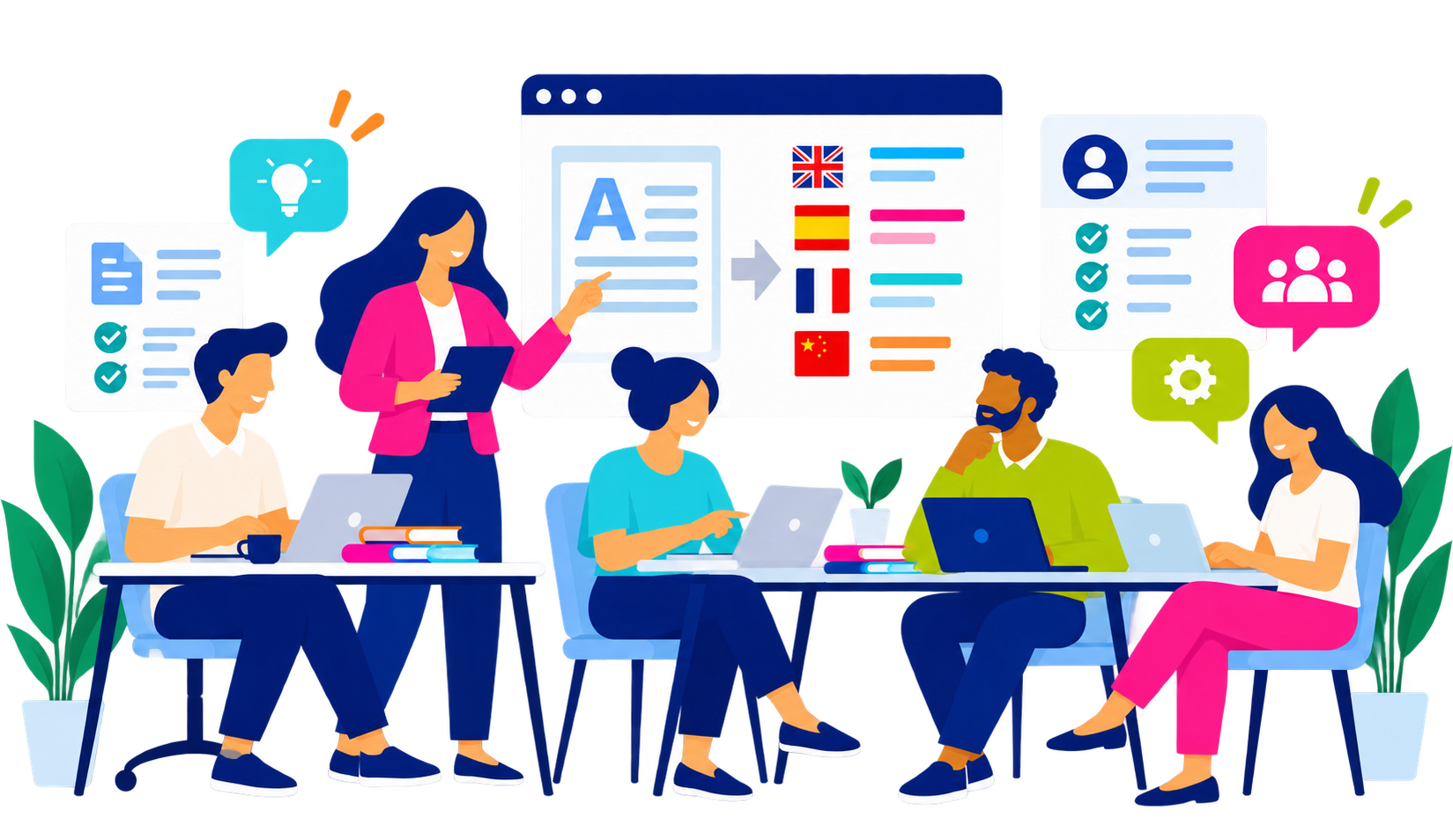 A team working together on a web page in several languages