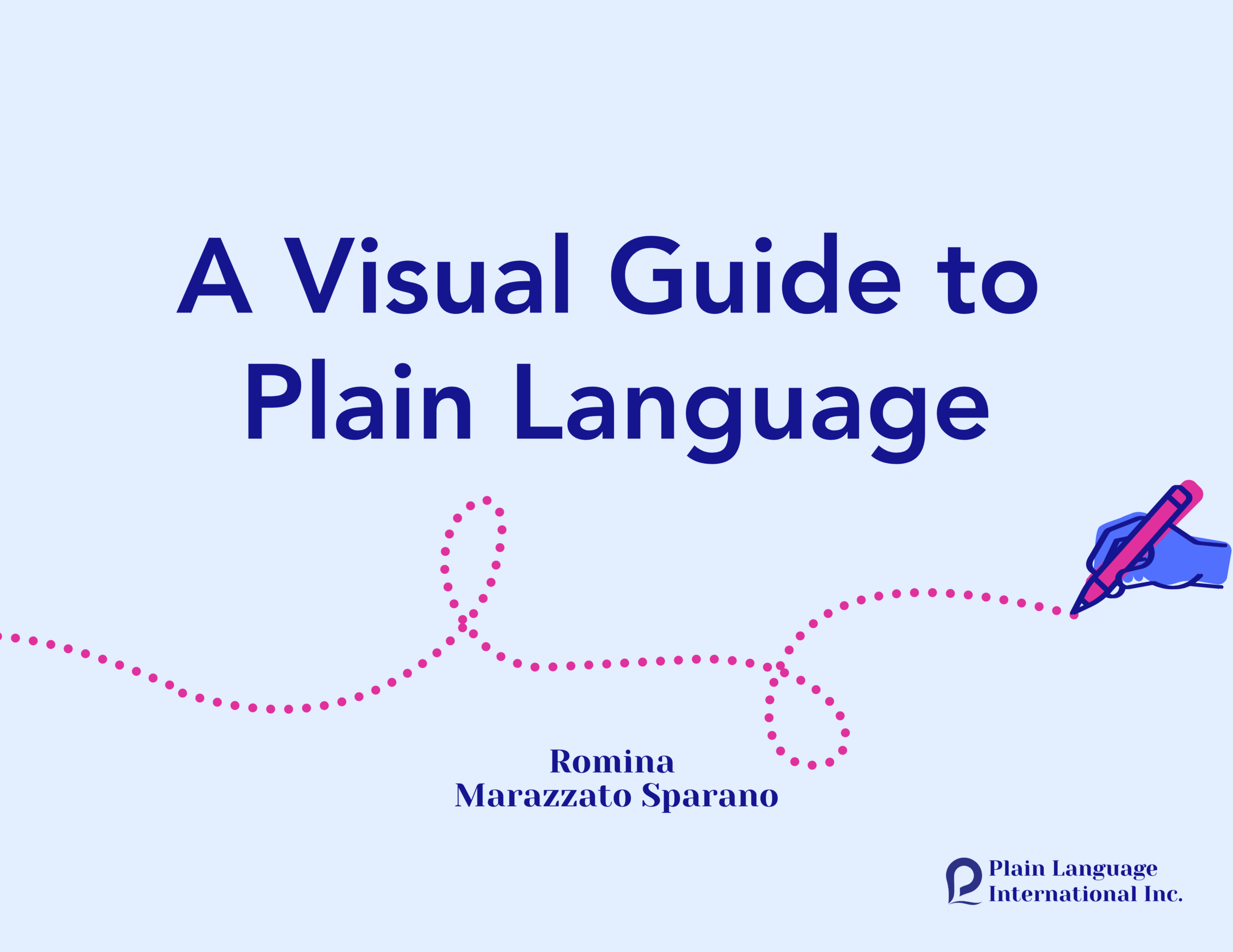 Cover to Visual Plain Language Guide with a hand drawing a dotted line. Romina Marazzato Sparano. Plain Language International Inc.