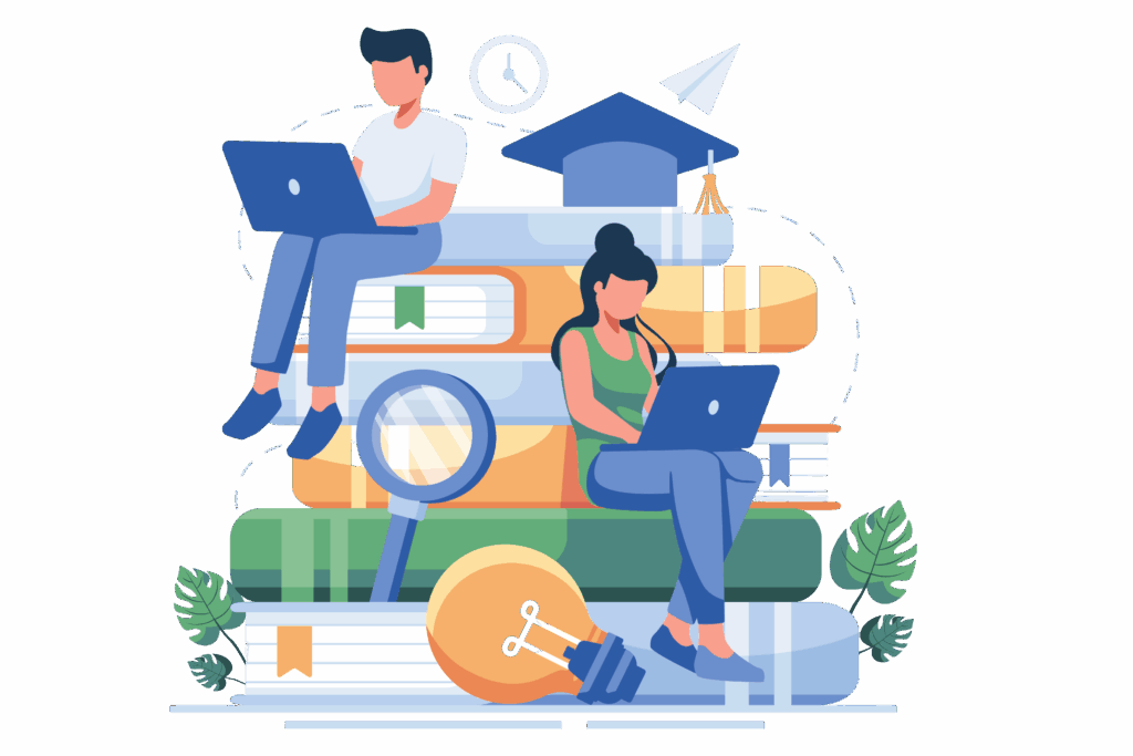 Man and woman working on laptops on large stacked books, with a graduation cap, clock, paper airplane, magnifying glass, and light bulb.