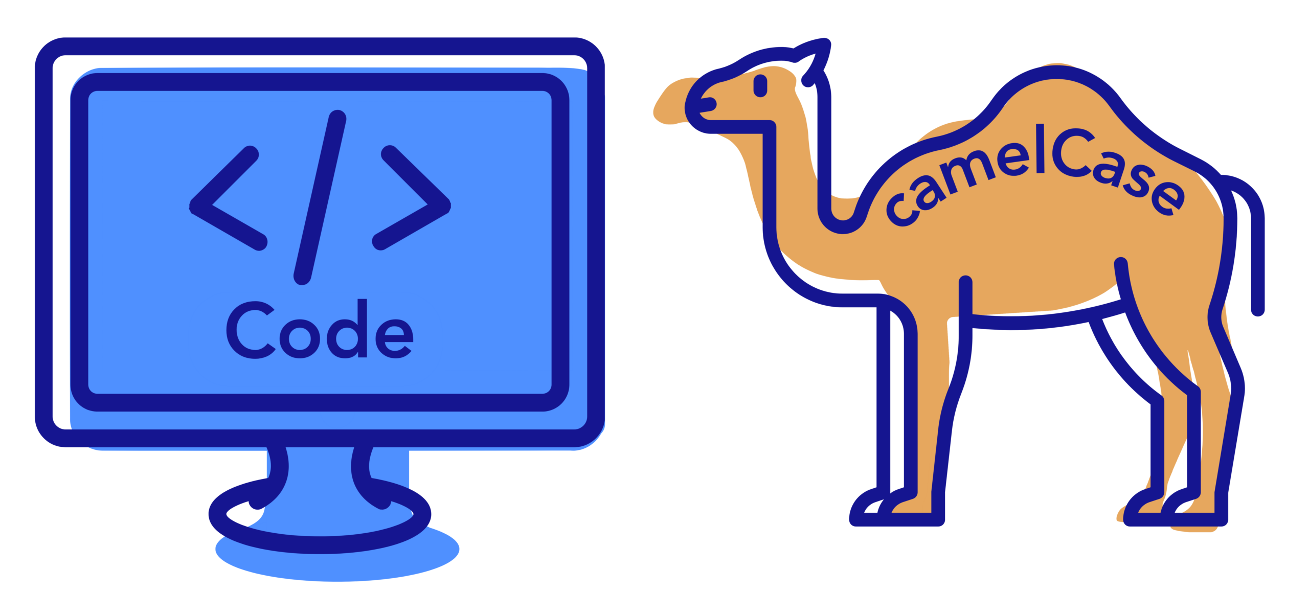 Coding metaphor to explain the difference between plain language and style guides. On the left, a blue computer with code on screen representing function and, on the right, a cartoon camel labeled ‘camelCase,’ representing style.