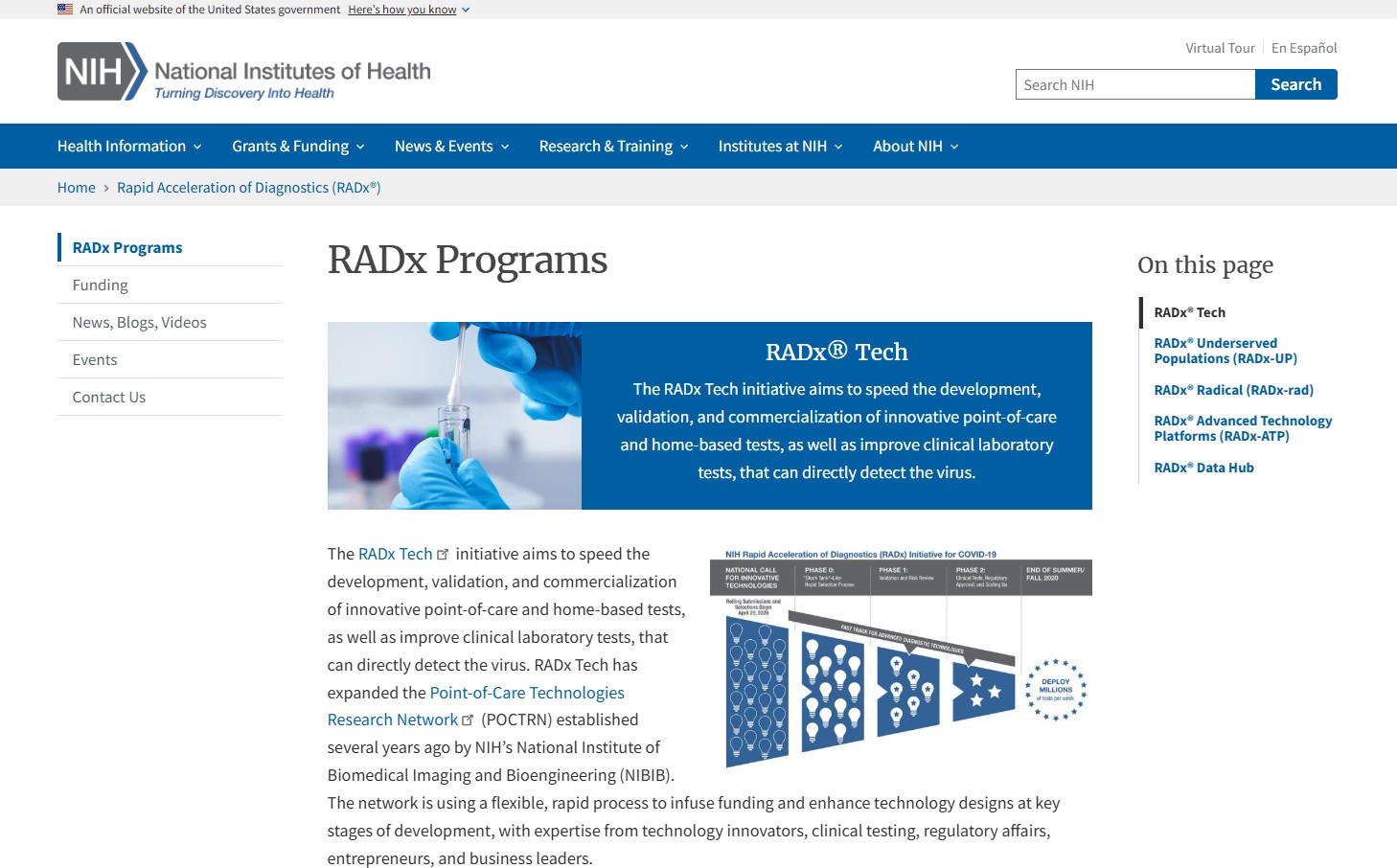 RADx Programs Web Page. Text reads:The RADx Tech initiative aims to speed the development, validation, and commercialization of innovative point-of-care and home-based tests, as well as improve clinical laboratory tests, that can directly detect the virus.