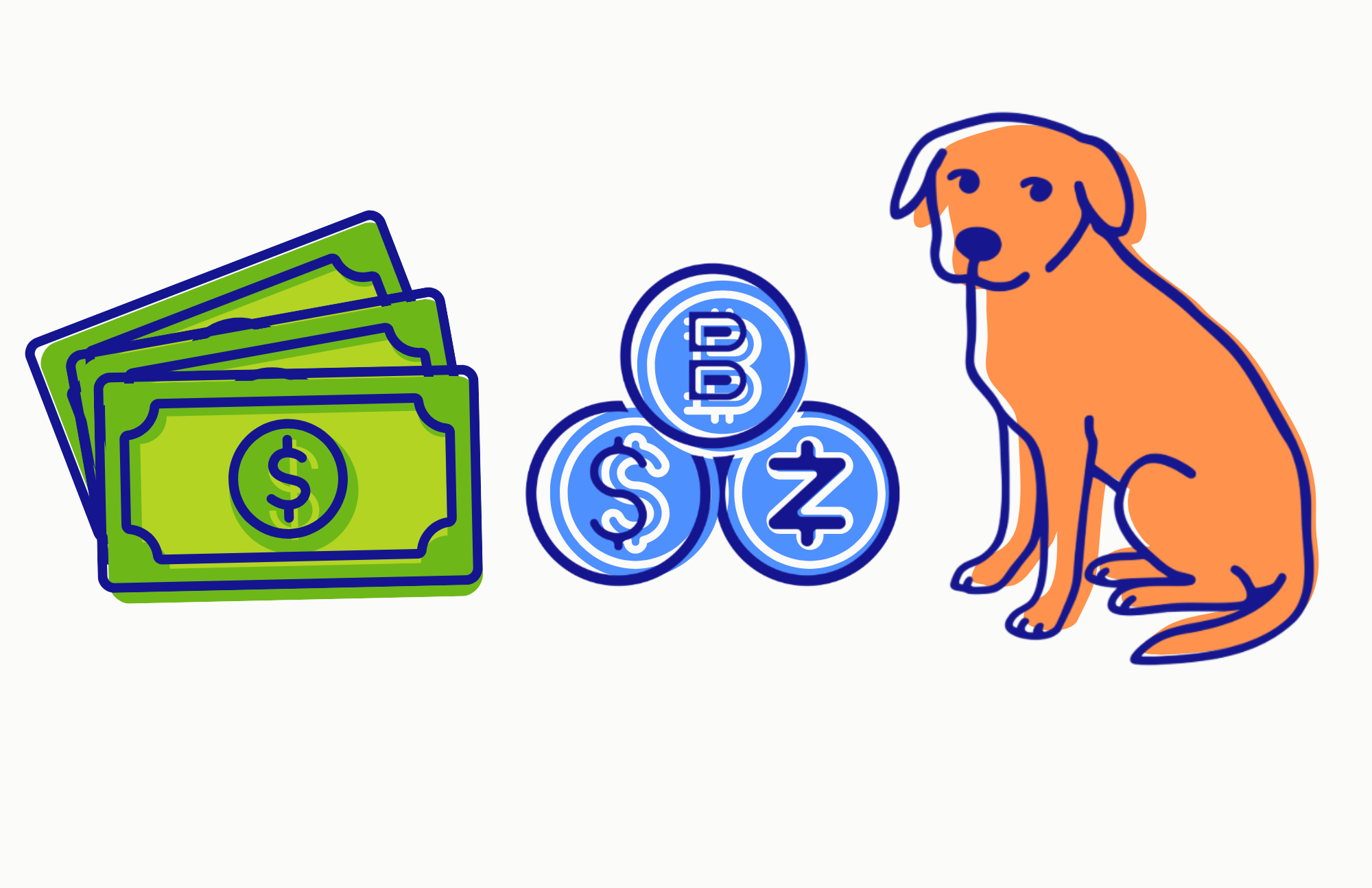 Illustration of green dollar bills, blue cryptocurrency coins, and an orange dog sitting side by side questining who is "dogfooding" or using a product internally before release.