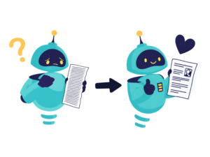 aclara robot confused with gobbledygook and happy with clear content